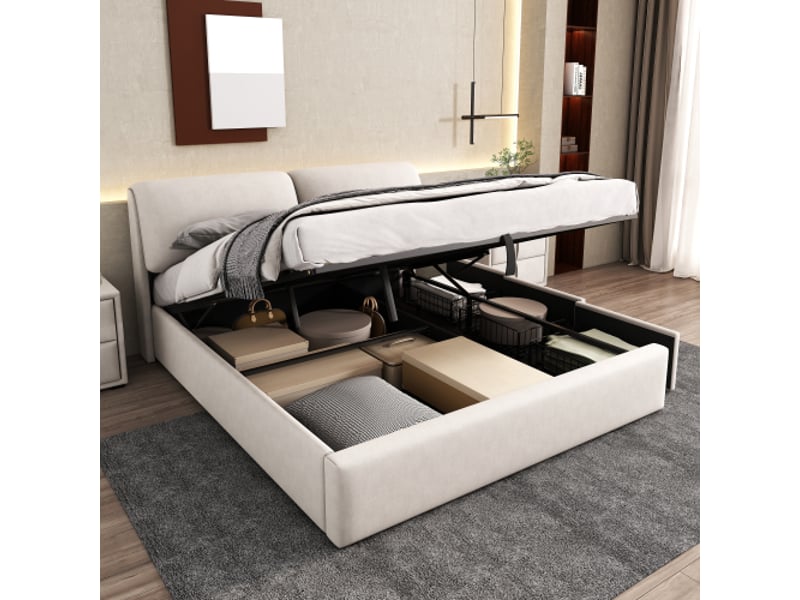  Lit coffre 180x200 cm coloris beige velours lit adulte blanc - Conforama E