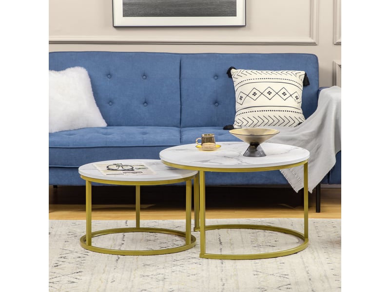  Lot de 2 tables basses gigognes tables rondes plateau aspect marbre et pied en acier  blanc doré 74 x 46,3 cm  - Conforama W