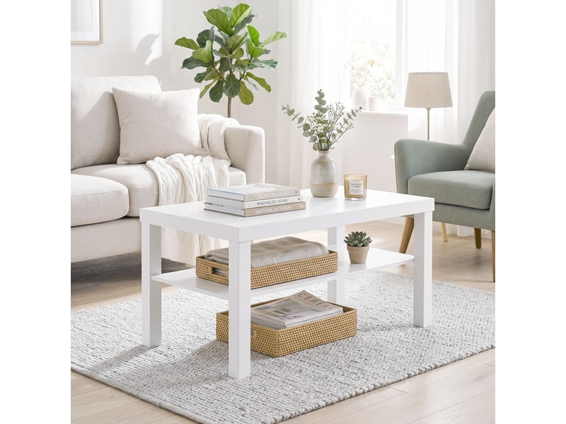  Table basse de salon, table d'appoint rectangulaire à 2 niveaux avec étagère de rangement, blanc, 90x45x44,5cm  - Conforama A