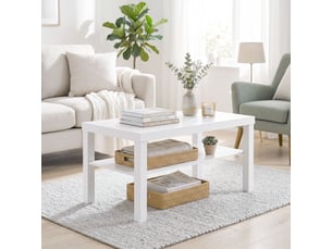 Table basse de salon, table d'appoint rectangulaire à 2 niveaux avec étagère de rangement, blanc, 90x45x44,5cm