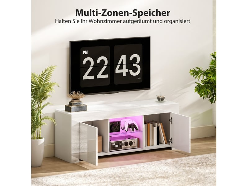 Meuble tv avec led rgb, 2 portes, 2 niches, étagère en verre et passe-câbles pour salon blanc 120 × 34 × 45 cm - Conforama D