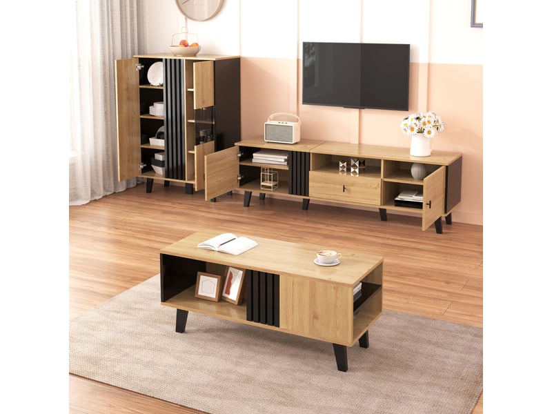  Ensemble de meubles de salon – trio table basse + meuble tv + buffet – style contemporain bois et noir – rangement généreux  - Conforama D