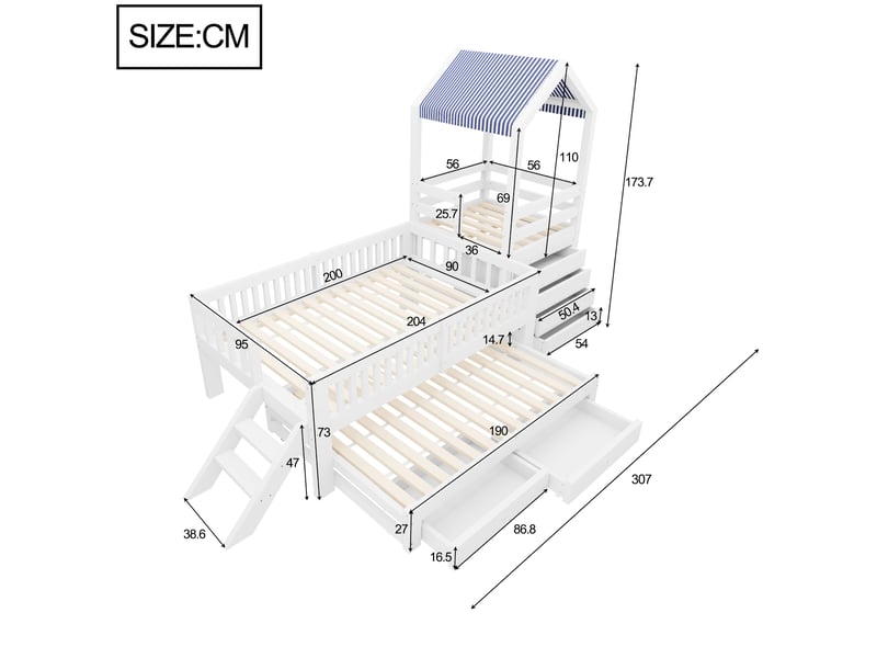 Lit superposé cabane 90x200 cm avec lit gigogne 90x190 - lit enfant en bois avec commode 4 tiroirs, escalier latéral et toit en tissu, blanc evarich - Conforama C