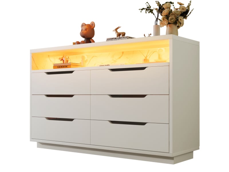  Buffet commode avec éclairage led et 6 tiroirs, compartiment de rangement effet marbre, meuble moderne pour salon et chambre, 120 x 40 x 85 cm, blanc  - Conforama A