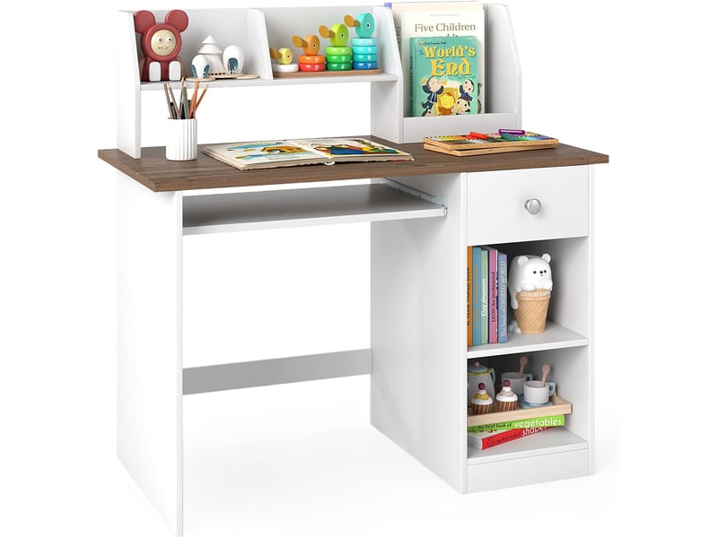 3 en 1 bureau enfant avec rangement, avec 1 tiroir 2 étagères, table enfant en bois avec plateau à clavier, 90x45x90cm (naturel) - Conforama A