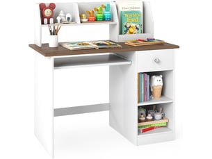 3 en 1 bureau enfant avec rangement, avec 1 tiroir 2 étagères, table enfant en bois avec plateau à clavier, 90x45x90cm (naturel)