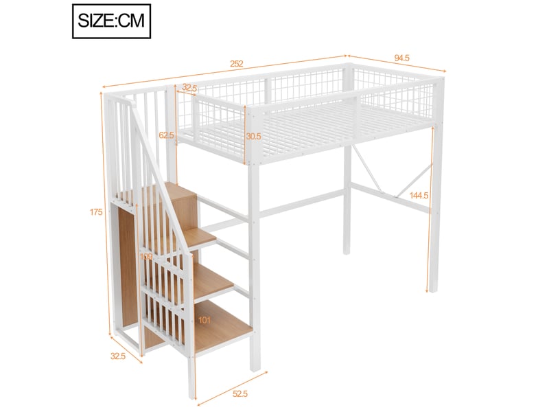  Lit mezzanine 90x200 cm en métal avec échelle de rangement et led, coloris blanc  - Conforama C