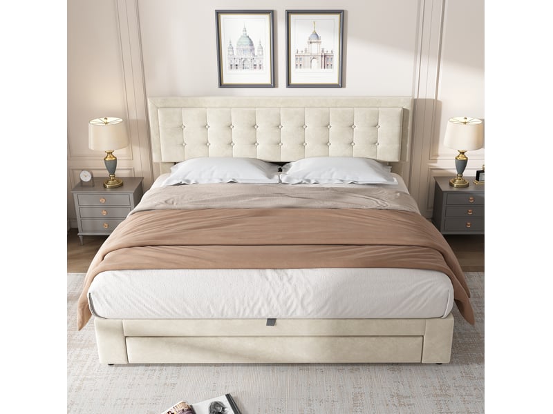  Lit coffre 2 places 180x200 cm, sans matelas, velours beige, tiroirs, sommier à lattes, doté de tête de lit ajustable  - Conforama D