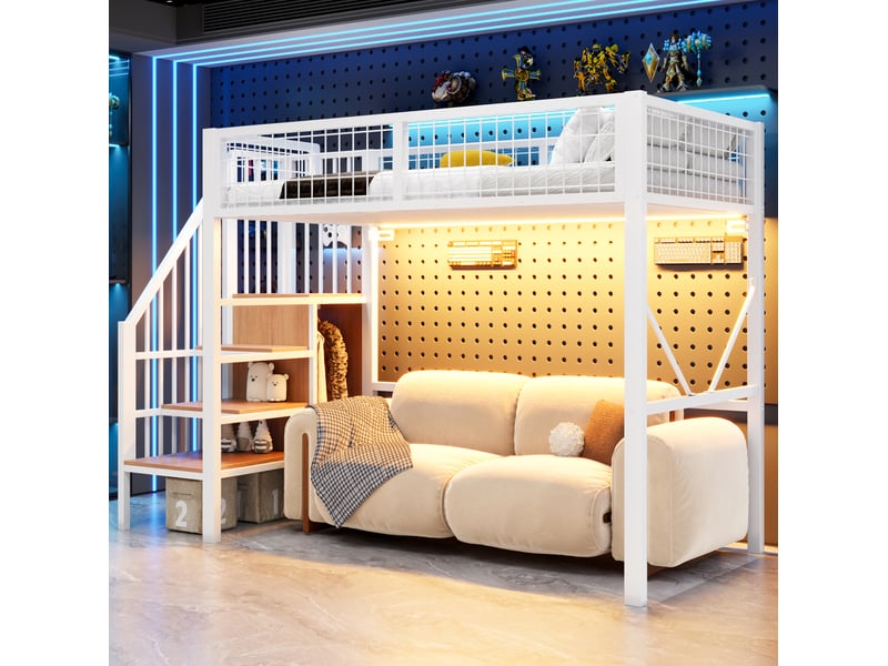  Lit mezzanine 90x200 cm en métal blanc avec échelle de rangement et led  - Conforama B
