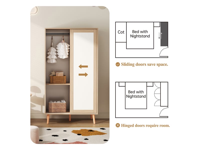  Armoire combinée enfant blanc bois naturel 160 x 46 x 141.5 cm portes coulissantes tiroirs penderie  - Conforama E