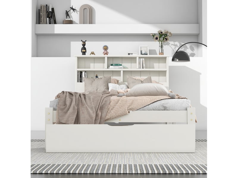 Lit simple en bois massif avec tiroirs et sommier à lattes, bibliothèque lit adolescent et adulte, 90x200cm blanc - Conforama D