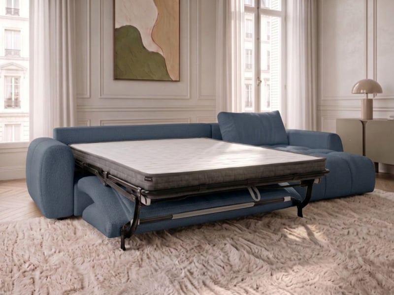  Bobochic canapé d'angle réversible convertible coffre fuji ouverture express tissu chiné bleu  réversible FUJI - Conforama D
