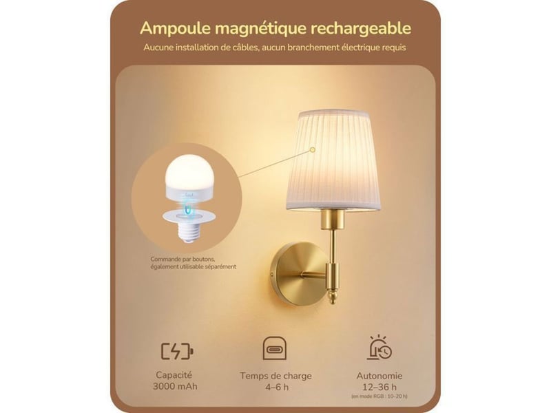  Applique murale sans fil lot de 2 style lin naturel e27 rgb dimmable avec télécommande 370618_AACYK26003_6_DROPFR - Conforama E