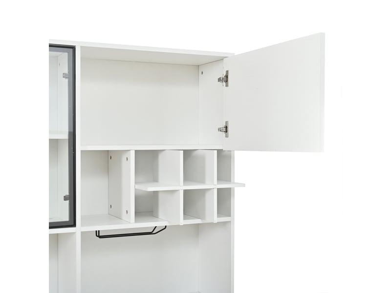  Vitrine 140x30x200 cm blanche avec led bluetooth, 7 portes, 1 tiroir, 9 niches, casier à vin et porte-verres Fay Lum - Conforama E