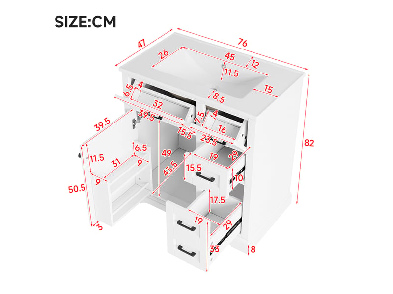 Meuble sous vasque avec 1 porte, 4 tiroirs, lavabo en céramique, fermeture douce, pour salle de bains, 76 × 47 × 82 cm - Conforama E