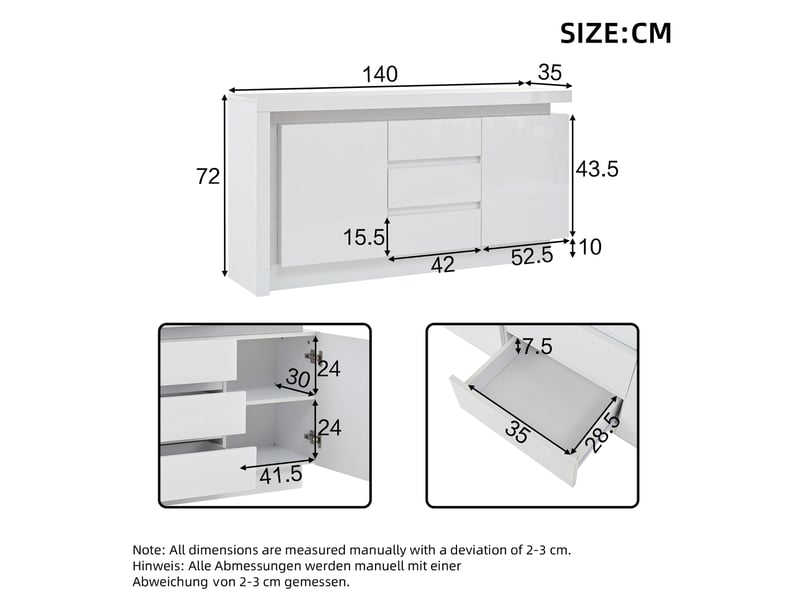  Buffet blanc brillant avec led 2 portes 3 tiroirs 140 cm  - Conforama C