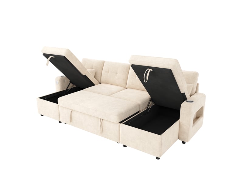  Canapé en u convertible 4 places en tissu chenille beige, 2 méridiennes, rangements, usbtype-c, led  - Conforama A