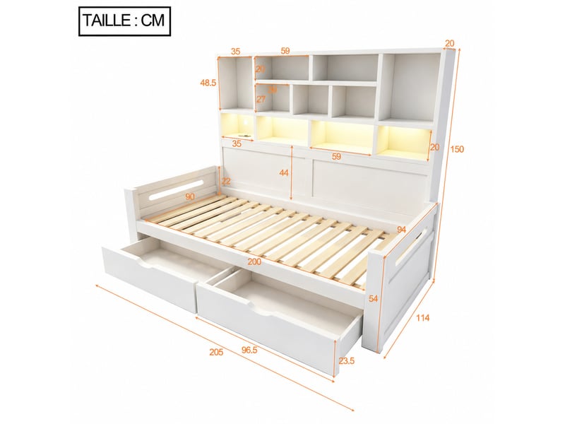 Lit banquette simple en mdf avec 2 tiroirs, étagères, led et prises, 200x90 cm, matelas non précisé, blanc  - Conforama D