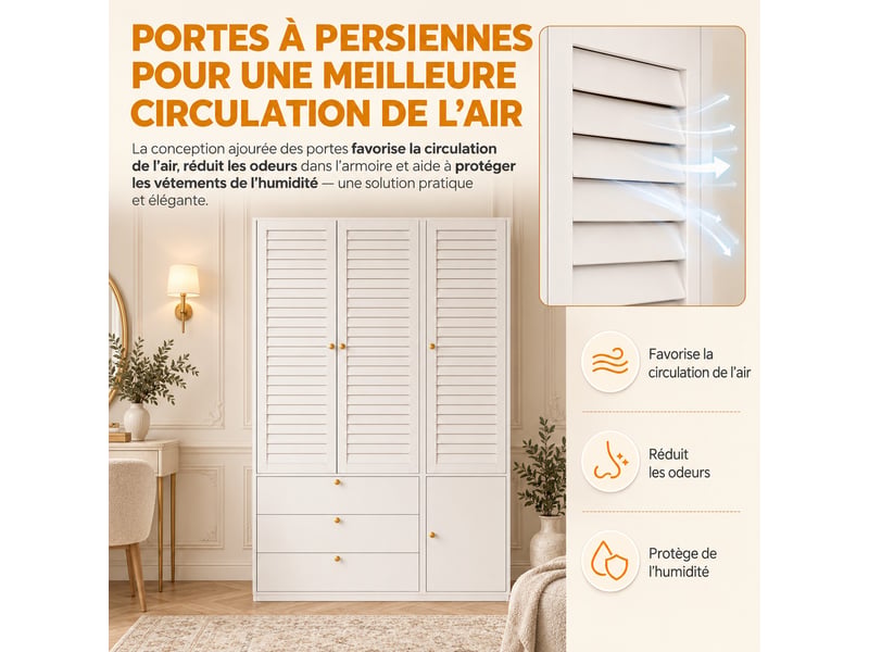  Armoire penderie 135x50x200 cm blanche, 3 portes à lattes, 3 tiroirs, 2 tringles et porte-pantalons  - Conforama B