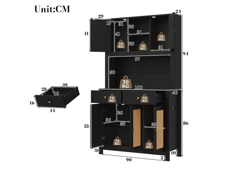  Buffet de cuisine 100x40x180 cm avec led et prises coloris noir  - Conforama C