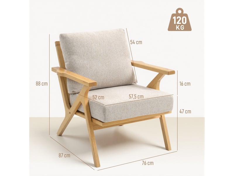  Fauteuil salon, fauteuil scandinave en tissu effet lin, coussins rembourrée et pieds en bois d'hévéa, 76x87x88cm, beige  - Conforama E
