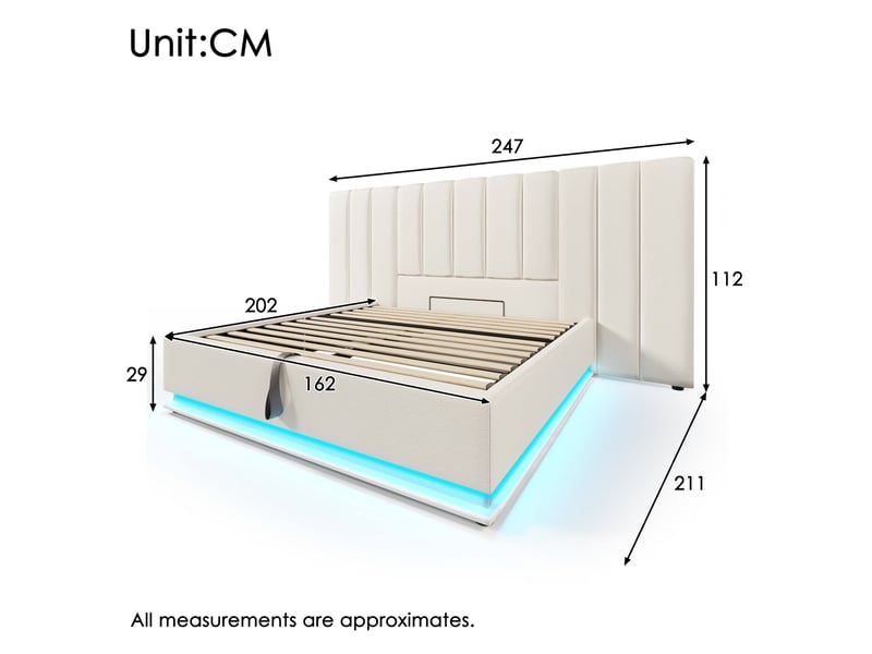 Lit coffre adulte 160x200 cm – blanc – led 360°, ports usb et usb-c, rangement hydraulique – sans matelas - Conforama C