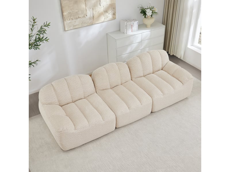  Canapé droit coquille 3 places bouclette beigeblanc – 288 x 104 x 79 cm Fay Lum - Conforama W