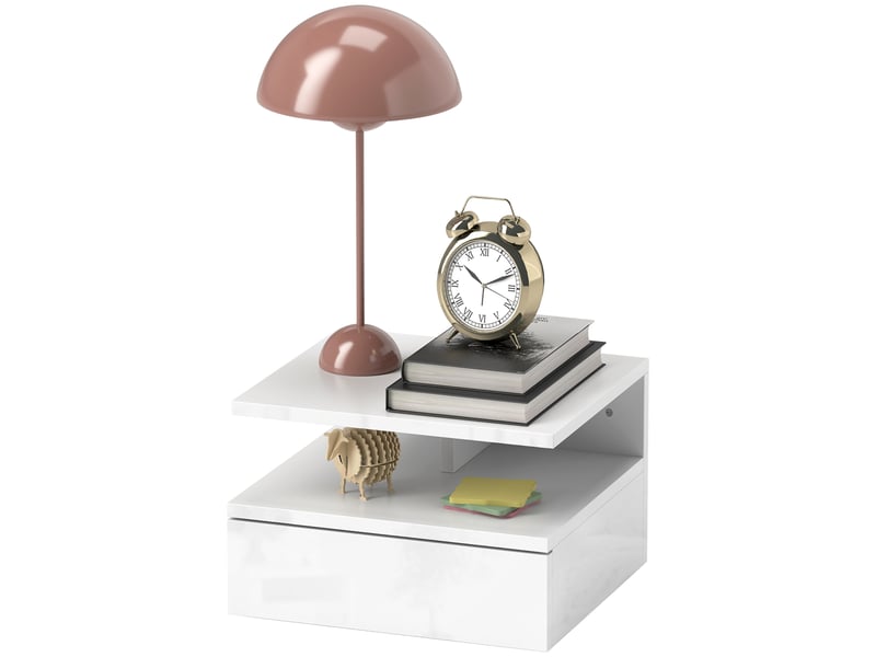  Table de chevet suspendue avec tiroir et étagère ouverte en bois, 35 x 32 x 22,5 cm, blanche  - Conforama B
