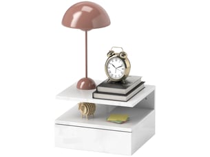 Table de chevet suspendue avec tiroir et étagère ouverte en bois, 35 x 32 x 22,5 cm, blanche