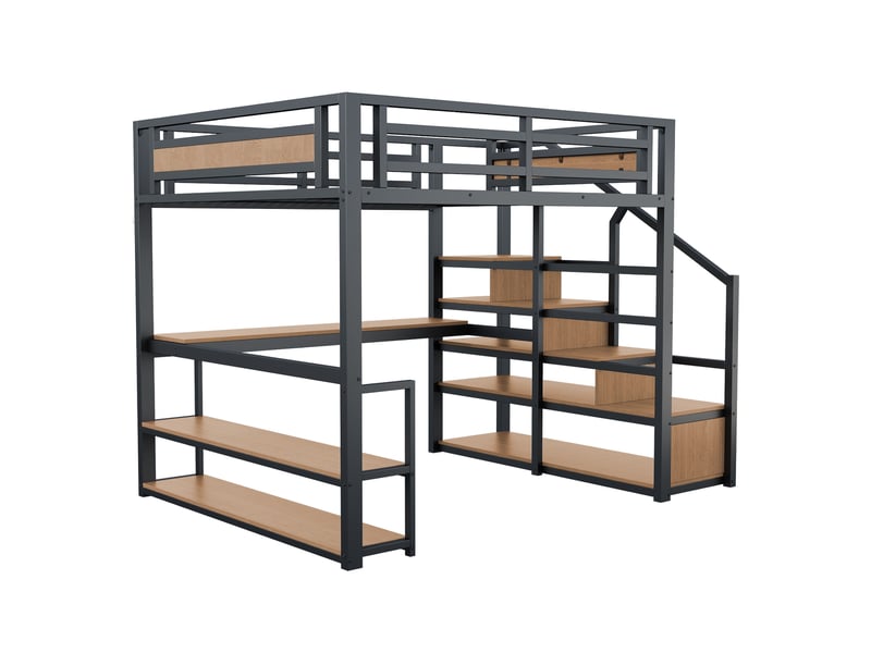  Lit mezzanine noir 140x200cm avec escalier rangement, table et étagères, confort durable, durable - fer et mdf - pour enfant ado  - Conforama D