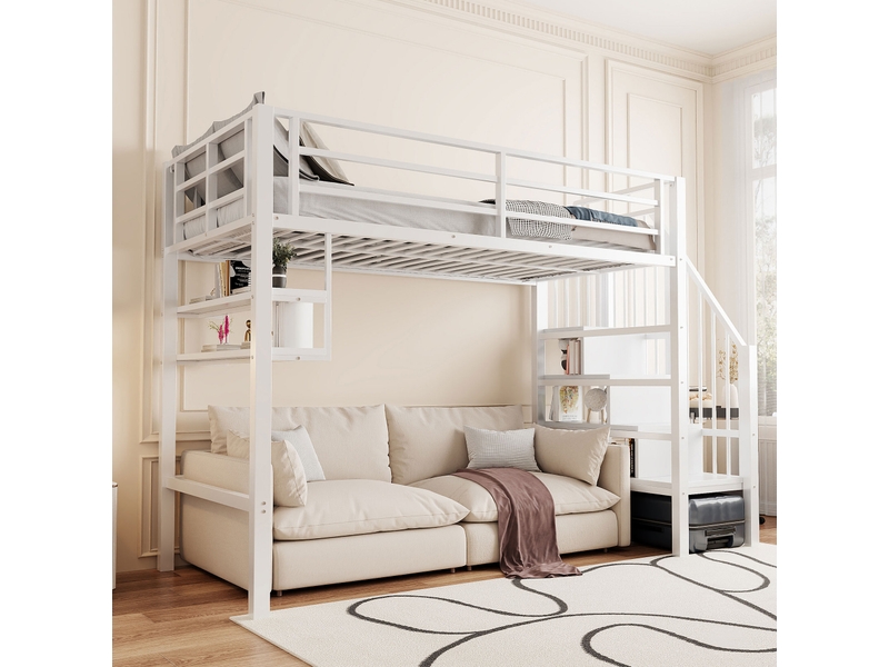  Lit mezzanine enfant 90 x 200 cm rangements échelle rangement garde-corps sécurisé métal et mdf blanc sans matelas  - Conforama W