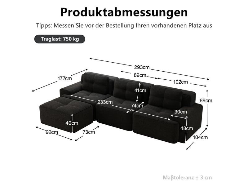  Canapé d'angle, canapé modulable : sans montage, avec pouf, en velours tricoté, 3 places, noir, sans cadre, style cloud  - Conforama E