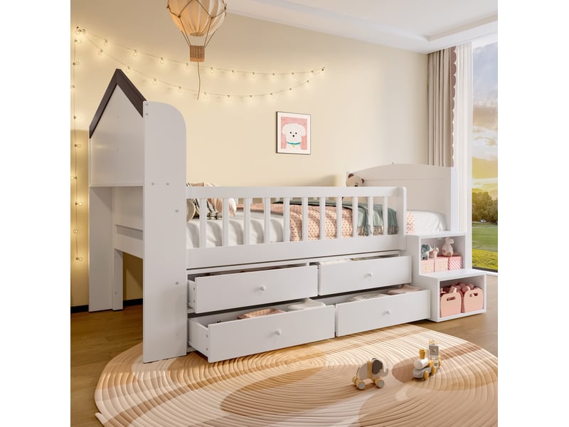 Lit cabane 90x200 cm, 4 tiroirs, éclairage led programmable, échelle intégrée, garde-corps, pin, blanc, sans matelas - Conforama W