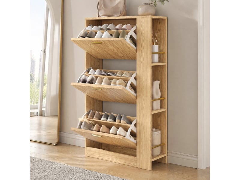  Meuble à chaussures 70x23,5x115 cm, 3 portes mdf, avec étagères ouvertes, naturel  - Conforama C