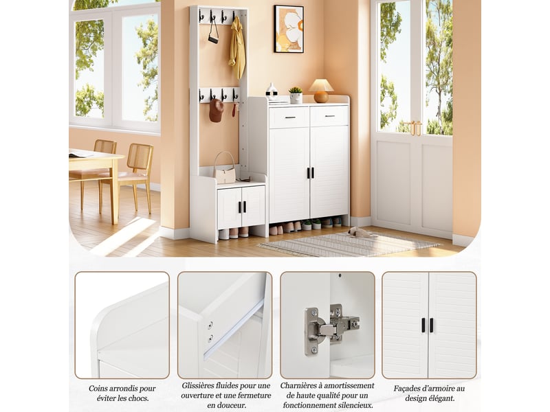  Meuble d’entrée avec rangement chaussures blanc, vestiaire 8 crochets, 2 portes et 2 tiroirs pour couloir, 125 x 32 x 165 cm  - Conforama E