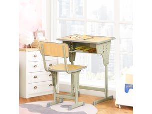 Bureau enfant vintage style pupitre d'écolier - ensemble bureau et chaise réglable - case de rangement, range-stylos - acier kaki mdf aspect bois clair, bracket