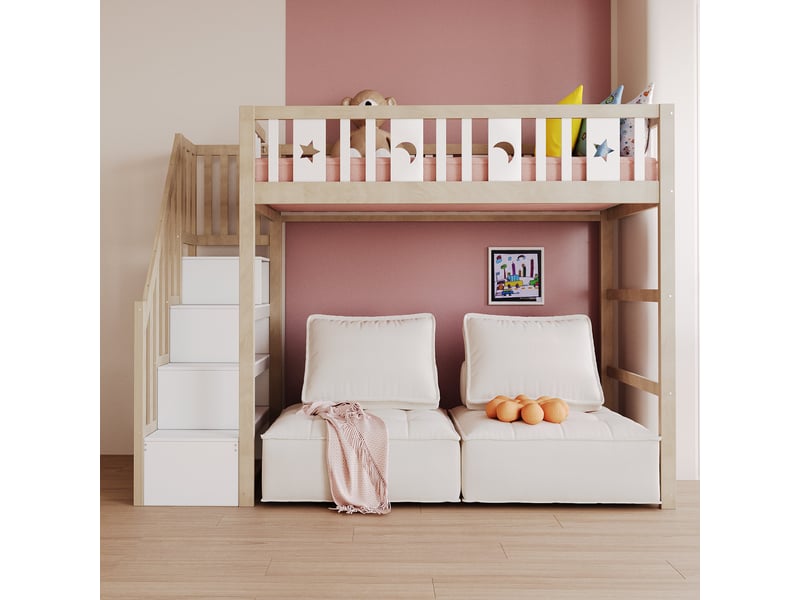  Lit mezzanine 90x200 en bois massif avec échelle, rangements et barrière de sécurité  - Conforama E