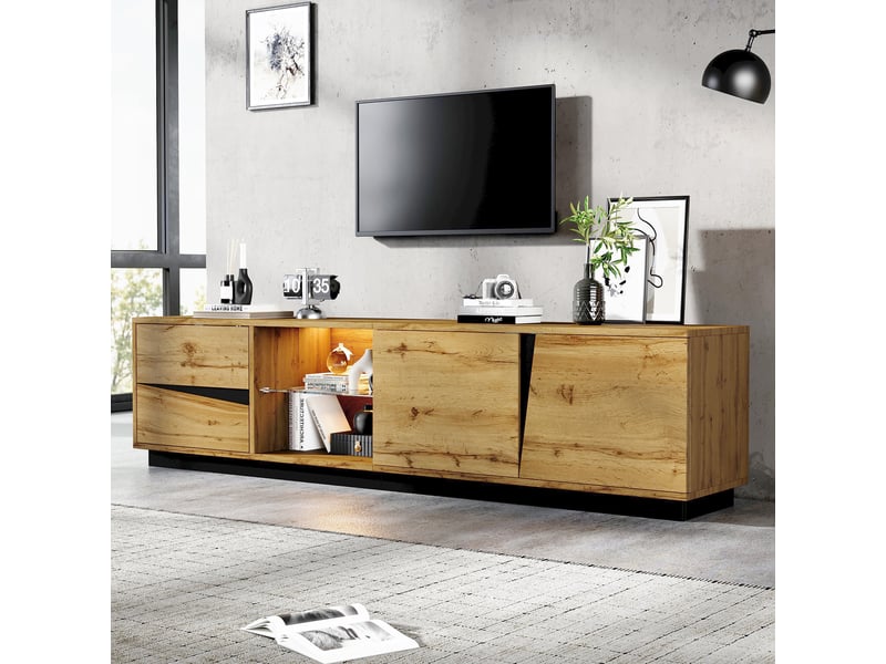  Meuble tv 180x35x45 cm avec led, meuble bas tv avec 2 tiroirs et 2 portes, niche ouverte avec étagère en verre, rangement câble, mdf, noir et bois OPULERANE TRADING LTD - Conforama B