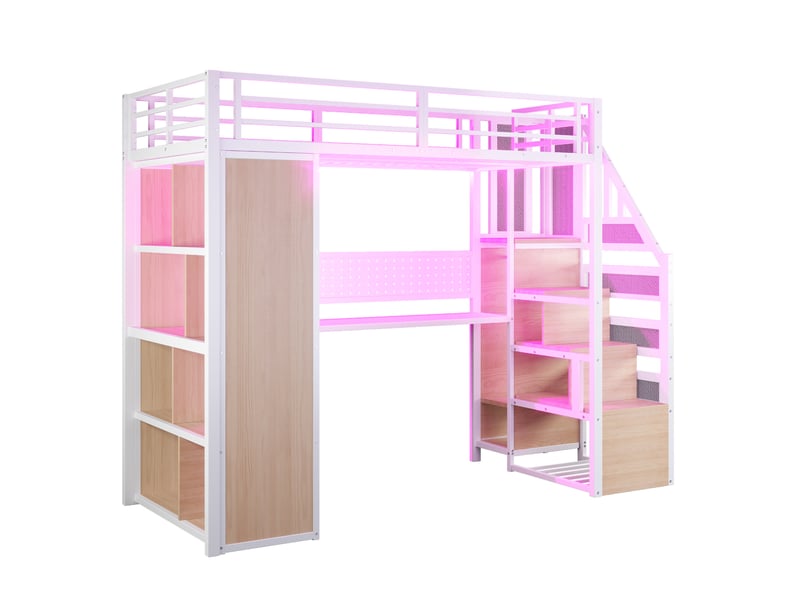 Lit mezzanine enfant 90x200 cm avec led, bureau long, armoire, rangement, escalier, métal+bois, blanc sans matelas  - Conforama R