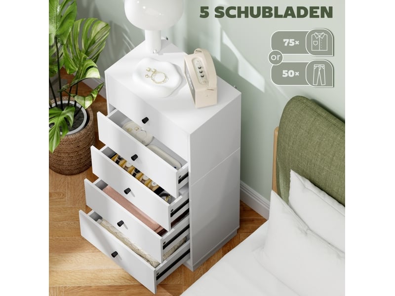  Commode 47 x 29 x 95 cm blanche en bois, 5 tiroirs, meuble de rangement pour salon et chambre  - Conforama E