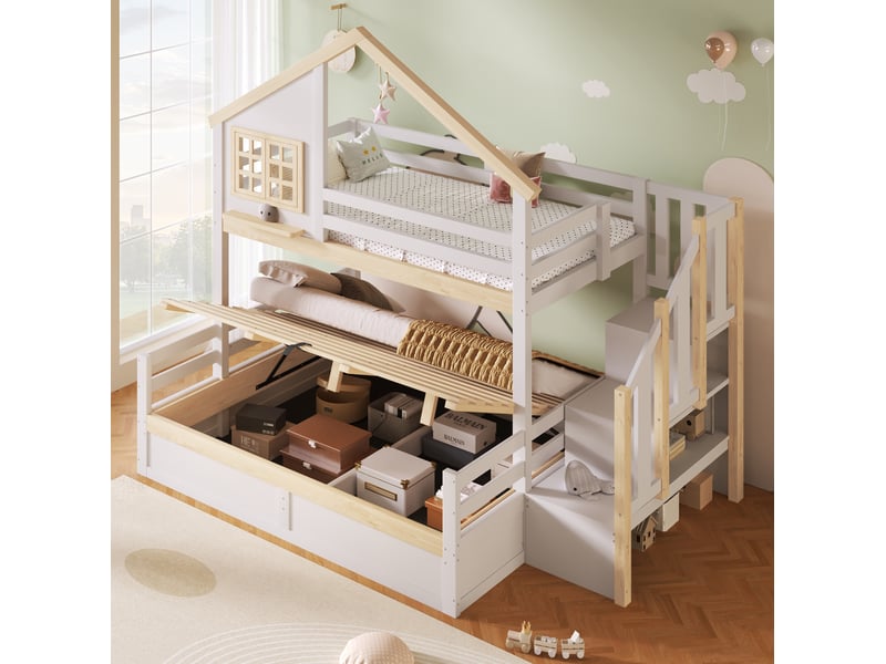  Lit superposé 90x200 et 140x200 cm avec rangement hydraulique, blanc et bois naturel  - Conforama B