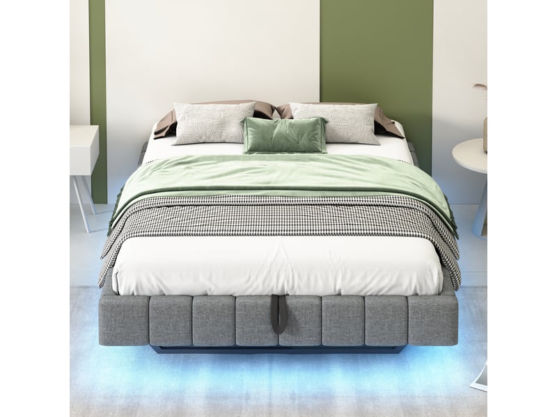  Lit coffre 140x200 cm, relevage hydraulique, led, tissu lin gris  - Conforama D
