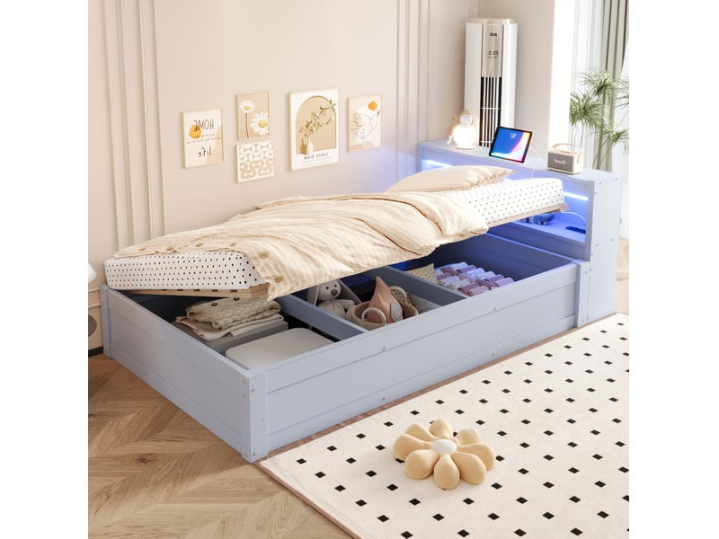  Lit simple 90x200 cm avec rangement hydraulique et led en bois gris  - Conforama B