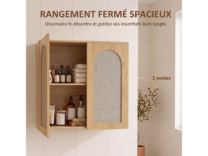  Armoire murale de salle de bain bohème avec 2 portes effet rotin à douce fermeture et étagère réglable, chêne  - Conforama E