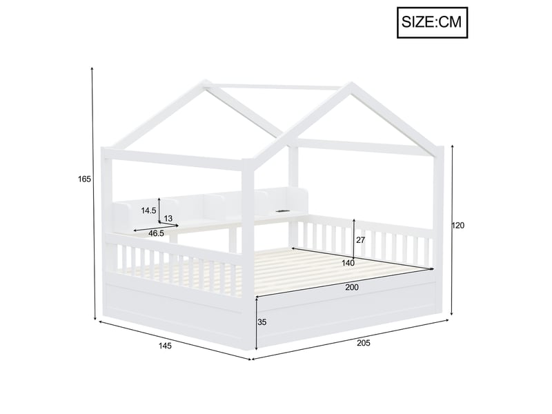 Lit cabane enfant 140x200 cm avec coffre hydraulique, rangement et barrières de sécurité, lit bois avec led et prise intégrée, structure avec toit - Conforama D