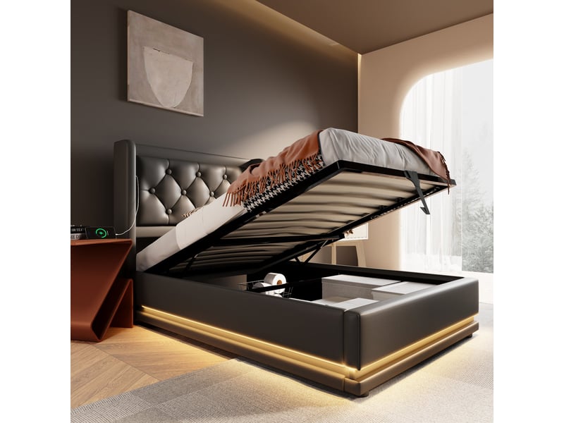  Lit capitonné 90*200 cm, tête rembourrée, port usb-c, éclairage led 3 côtés, coffre hydraulique, noir pu, matelas inclus  - Conforama D