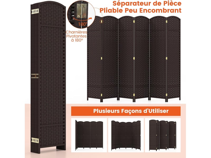 Costway grand paravent pliant, 6 panneaux, texture tissée à la main, cadre en bois massif de pin (marron) - Conforama C