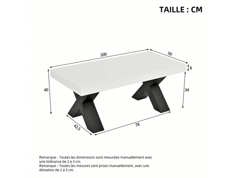  Table basse rectangulaire blanche et noire avec pieds en x, plateau brillant, 100 x 50 x 40 cm  - Conforama E