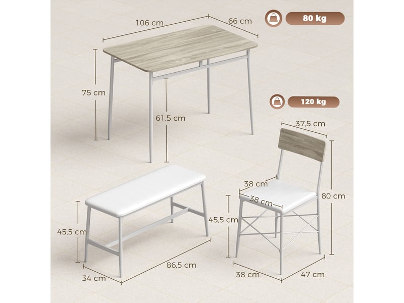 Ensemble table salle à manger avec 2 chaises et banc, assises rembourrées, petit espace, pour salon, chêne et blanc  - Conforama C