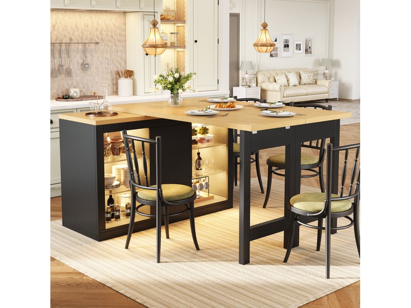  Table îlot de cuisine extensible 120x40x72 cm, rotation 360° et led rgb contrôlable par application, mdf, noir et bois clair  - Conforama D